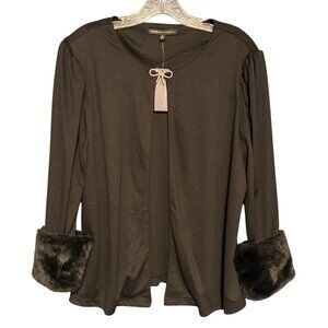 Adrienne Vittadini Black Cardigan L Faux Fur Cuffs Rhinestone Accent